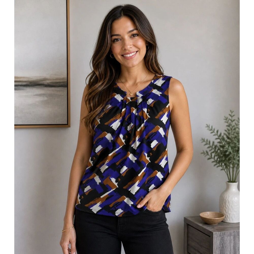 KASPER Print Pleated Front Med Sleeveless Women's Top Purple, Black, Brown